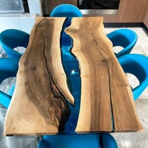 Boston köksbord i europeisk valnöt och glansigt transparent blått harts